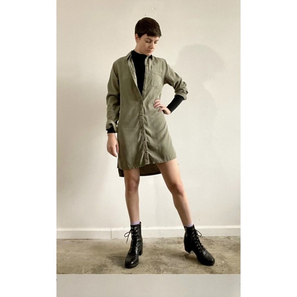 Faherty Womens Knit Seasons Olive Green Long Sleeve Shirt Dress Pockets SZ S‎